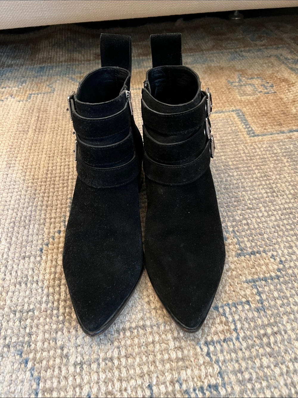 Loeffler Randall Black Suede Pointed Ankle Booties with Buckle Straps